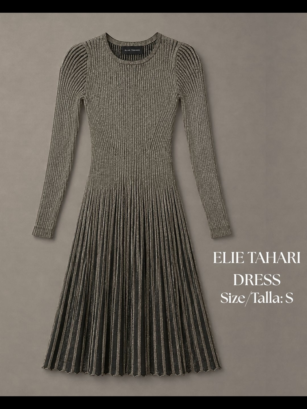 Elie Tahari Metallic Pleated Long-Sleeve Knit Dress in Gray